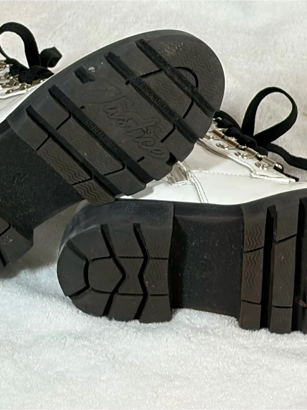 Justice White Patent Lace-Up Combat Boots with Black Laces
